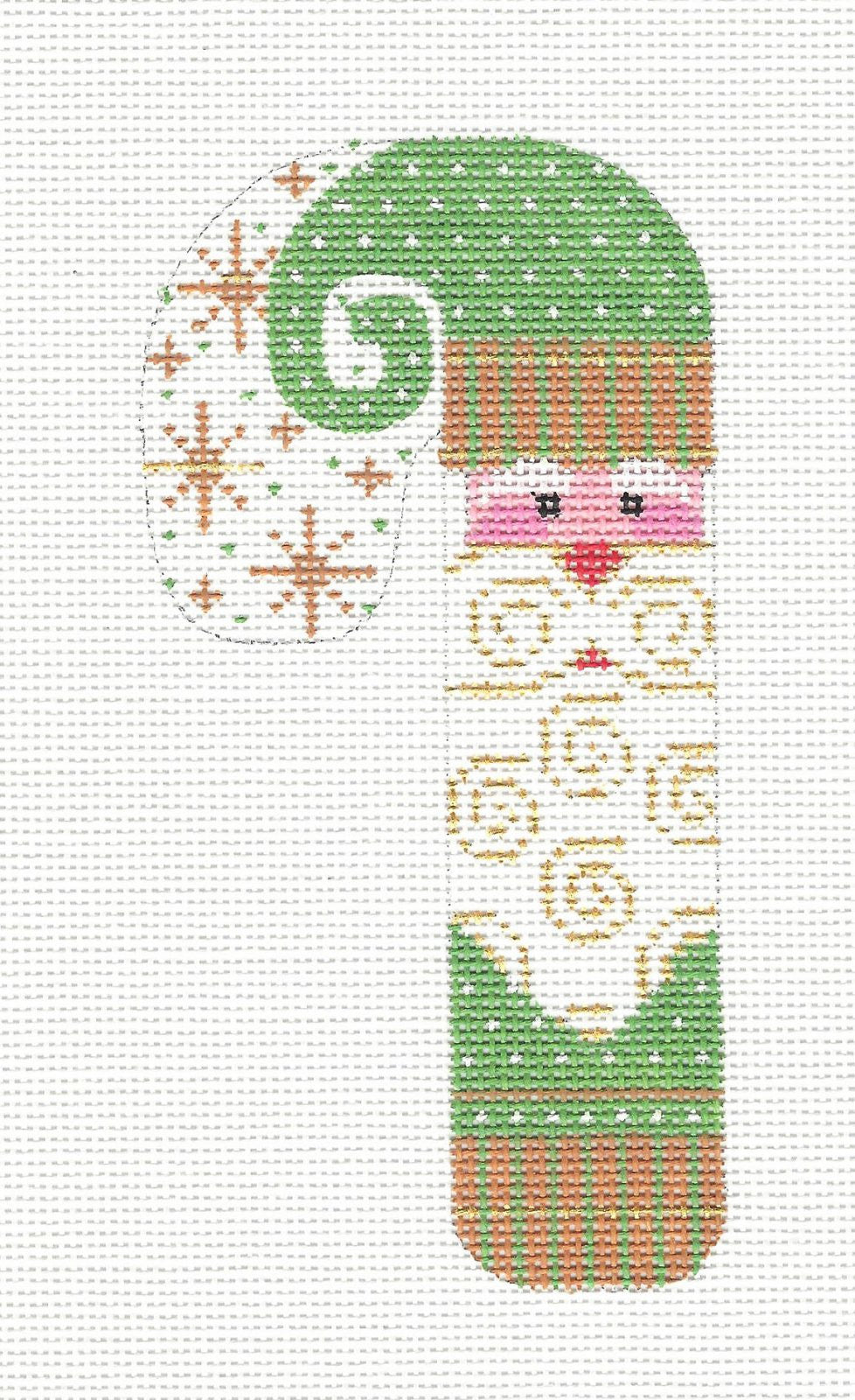 Candy Cane ~ Green and Gold Santa Medium Candy Cane Ornament on handpainted Needlepoint Canvas by Danji Designs