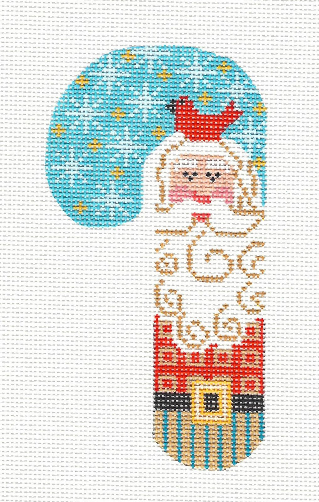Medium Candy Cane ~ Santa With Cardinal Ornament on hand painted Needlepoint Canvas from Danji Designs