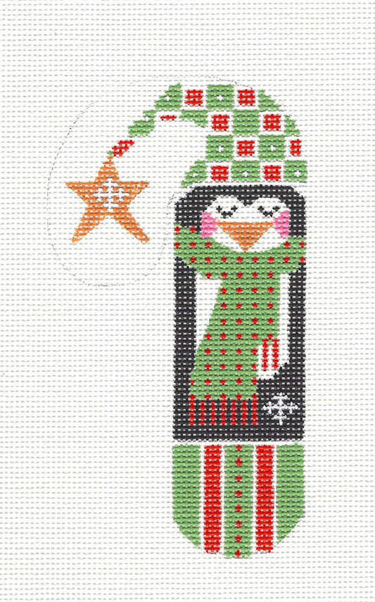 Medium Candy Cane ~ Penguin in Green with Scarf and Hat Ornament on hand painted Needlepoint Canvas from Danji