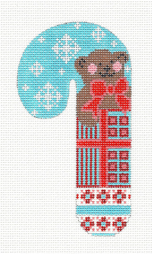 Medium Candy Cane Teddy Bear With Snowflakes Ornament on hand painted Needlepoint Canvas~ by Danji Designs ***SPECIAL ORDER***