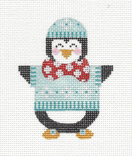 Penguin in Blue With Bowtie Ornament with S/G on hand painted Needlepoint Canvas  **SP. ORDER**