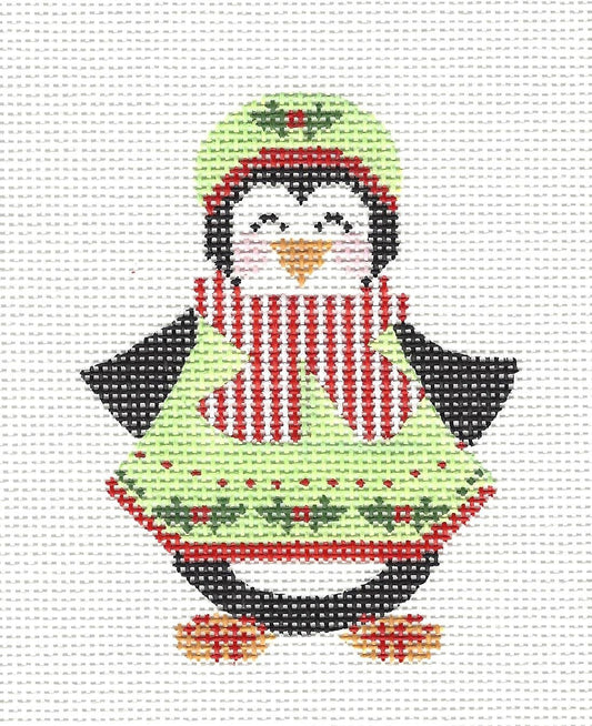 Penguin in Green Dress Ornament with S/G on hand painted Needlepoint Canvas  **SP. ORDER**
