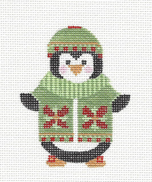 Penguin in Green Jacket Ornament with S/G on hand painted Needlepoint Canvas  **SP. ORDER**