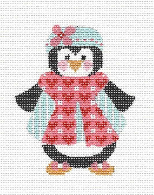 Penguin in Hearts Scarf Ornament with S/G on hand painted Needlepoint Canvas  **SP. ORDER**