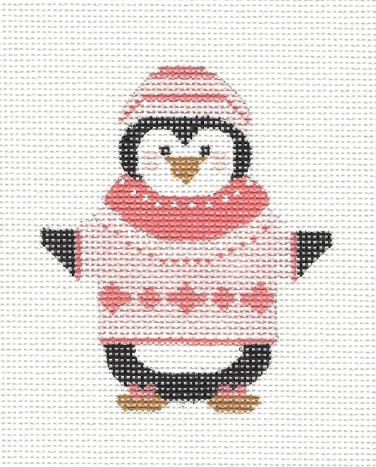 Penguin in Peach Ornament with S/G on hand painted Needlepoint Canvas  **SP. ORDER**