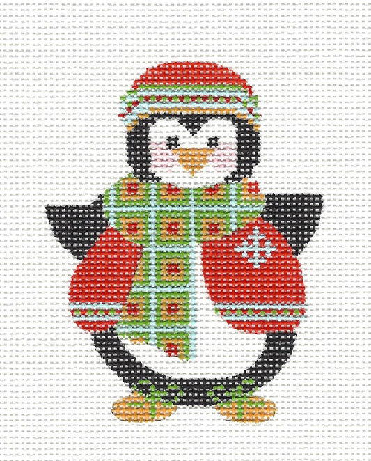 Penguin With Red Jacket Ornament with S/G on hand painted Needlepoint Canvas  **SP. ORDER**