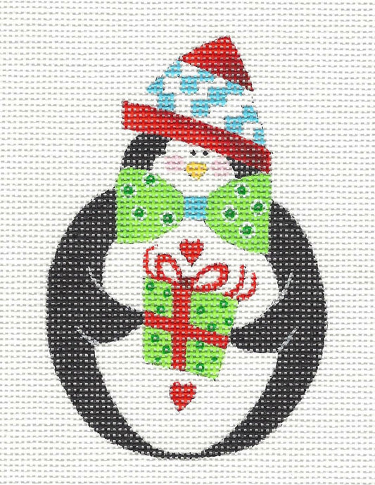 Penguin in A Bow Tie With Gift Box Ornament on Handpainted Needlepoint Canvas