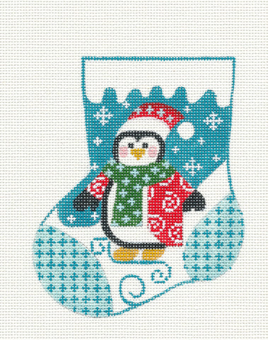 Mini Stocking ~ Penguin On Teal background Ornament on handpainted Needlepoint Canvas