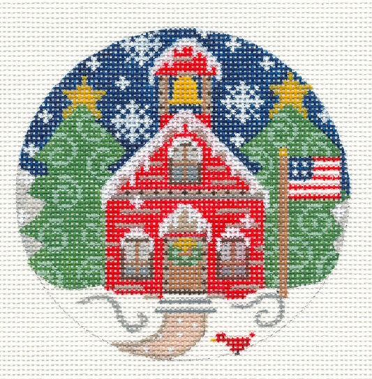 Village Series ~ Red Schoolhouse handpainted on 18 Mesh 4" Rd. Needlepoint Canvas from Danji Designs