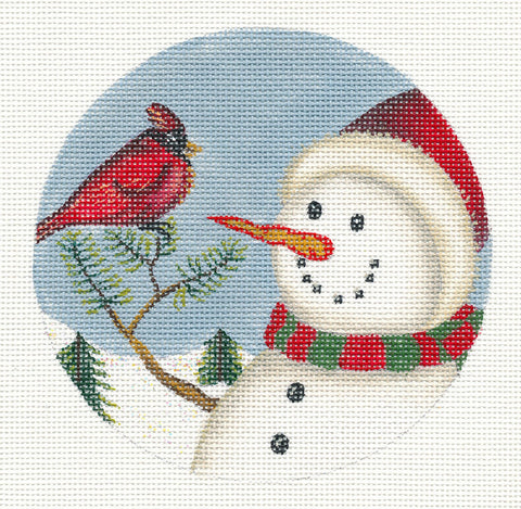 Round ~ Winter Cardinal and Snowman 5" Ornament handpainted Needlepoint Canvas