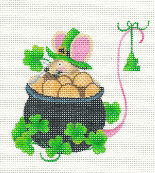 Mouse ~ St. Patrick's Day Mouse with Shamrocks & Pot of Gold on 18 mesh handpainted Needlepoint Canvas by Lainey Daniels from Danji