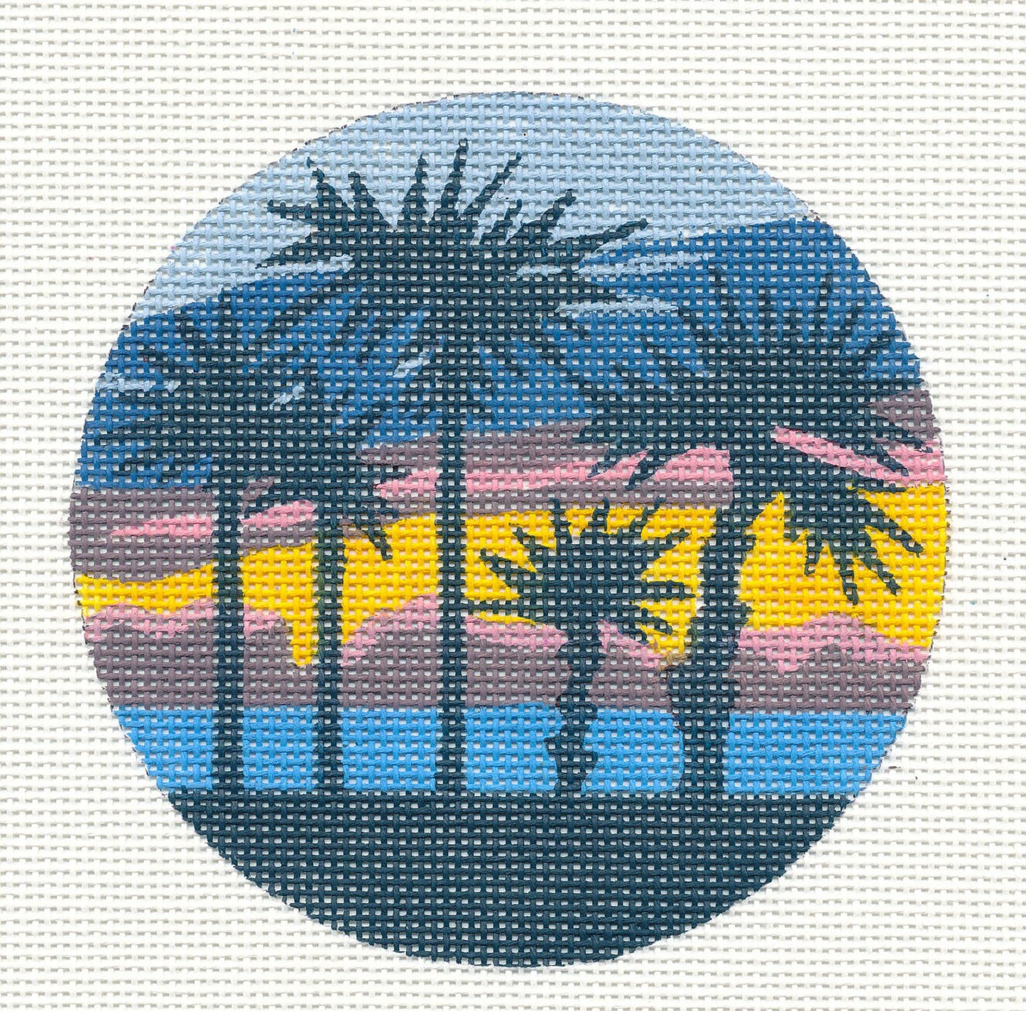 Round ~ Tropical Sunset Beach handpainted Needlepoint Canvas Ornament from Danji Designs