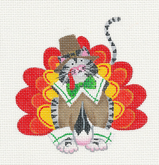 Thanksgiving Turkey Kitty Cat on hand painted Needlepoint Canvas ~ by L. Daniels from Danji  Designs