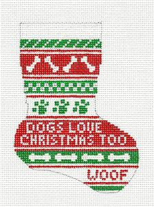 Dog Mini Stocking ~ Dogs Love Christmas "Woof" 13 MESH handpainted Needlepoint Canvas by Needle Crossings