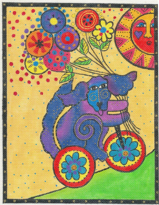 Laurel Burch Dog Riding a Bicycle Handpainted Needlepoint Canvas by Danji Designs