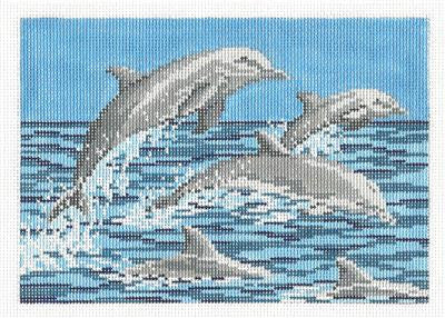 Canvas ~ 5 Dolphins Leaping through the Waves handpainted 18 mesh Needlepoint Canvas by Needle Crossings