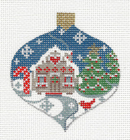 Bauble ~ Cottage and Cardinal in Snow Ornament Handpainted Needlepoint Canvas by CH Designs