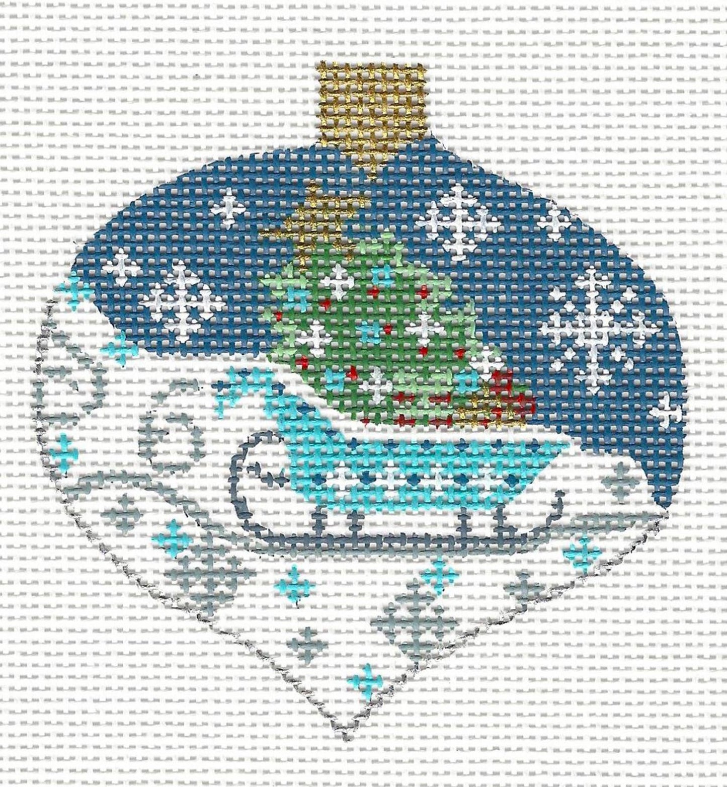 Bauble ~ Blue Sleigh and Tree Ornament on Handpainted Needlepoint Canvas by CH Designs