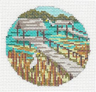 Round ~ Egrets and Marsh 3" Ornament handpainted Needlepoint Canvas by Needle Crossings