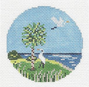 Round ~ 2 White Egrets and a Palm Tree 3" Ornament handpainted 18 Mesh Needlepoint Canvas by Needle Crossings