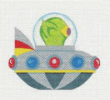 Child's Canvas ~ Flying Saucer & Little Green Martian handpainted Needlepoint Canvas by Raymond Crawford