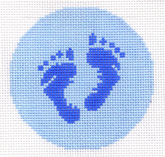 Baby Round ~ Baby Boy Footprints in Blue 18 mesh handpainted Needlepoint Canvas 3" Rd. Ornament or Insert by LEE