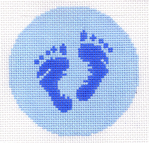 Baby Round ~ Baby Boy Footprints in Blue handpainted Needlepoint Canvas 3" Rd. Ornament or Insert by LEE