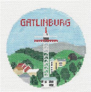 Travel Round ~ Gatlinburg, Tennessee handpainted Needlepoint Canvas by Kathy Schenkel