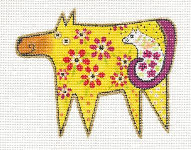 Laurel Burch ~ Floral Golden Dog and Friend Handpainted Needlepoint Canvas by Danji Designs