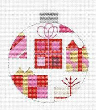 Round~Christmas Gift Boxes Ornament handpainted Needlepoint Canvas by Raymond Crawford