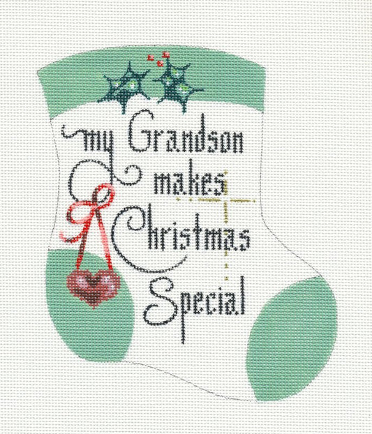 Mini Stocking ~ My Grandson Makes Christmas Special handpainted Needlepoint Canvas Ornament by Danji