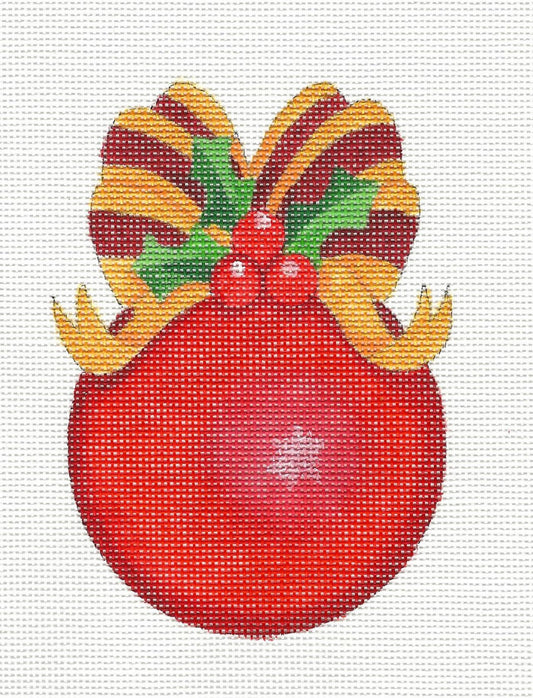 Round~Red Ornament with Bow handpainted Needlepoint Canvas by Raymond Crawford