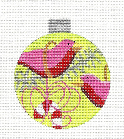 Round~Pink Birds on Green Ornament handpainted Needlepoint Canvas by Raymond Crawford