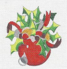 Round~Holly & Ribbon Red Ornament handpainted Needlepoint Canvas by Raymond Crawford