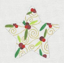 Star ~ Christmas Holly Berry Star handpainted Needlepoint Canvas by Raymond Crawford