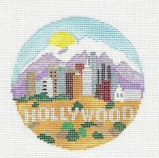 Travel Round ~ Hollywood, California handpainted 18 mesh 4" Rd. Needlepoint Canvas by Kathy Schenkel