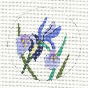 Round~Violet Dwarf Iris 3"Round handpainted Needlepoint Canvas Ornament by JulieMar***SPECIAL ORDER***