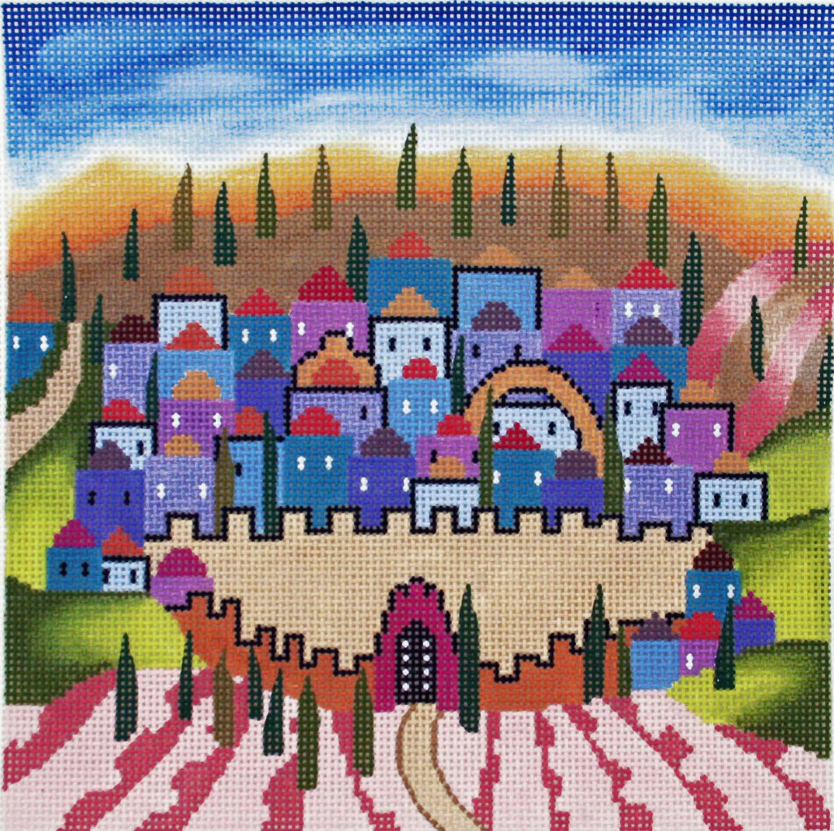 Canvas ~ Rebecca Shore Tefillin Bag  9" SQ. Design with Olives Pomegranates and City Backdrop ***Exclusive***