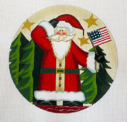 Christmas Round ~ Patriotic Santa Saluting and Holding an American Flag Ornament on hand painted Needlepoint Canvas