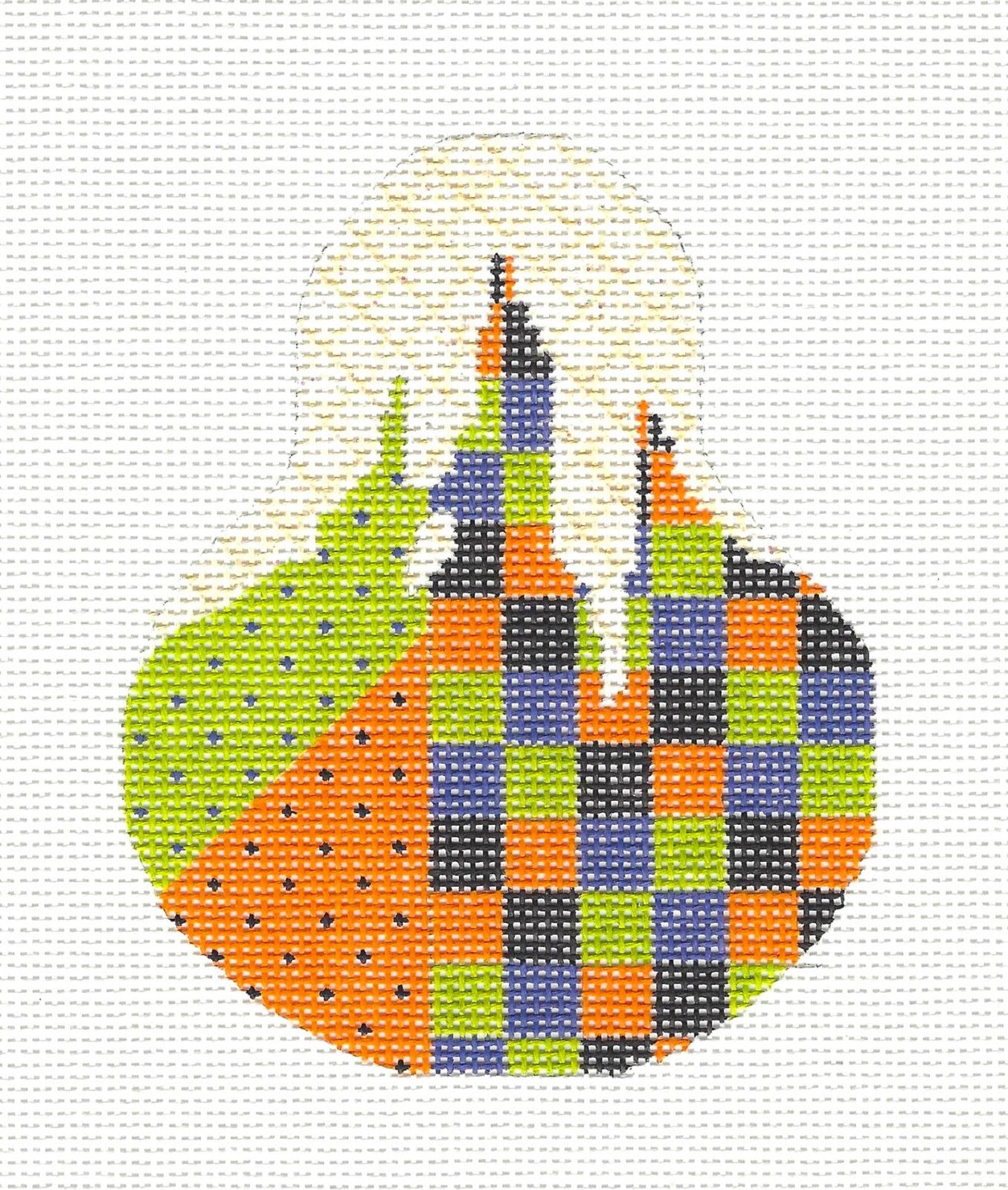 Kelly Clark Pear – Halloween Checked Pear Ornament with Stitch Guide  handpainted Needlepoint Canvas **SP. ORDER**