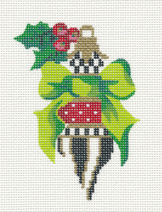 Kelly Clark Christmas ~ Lime Green Bow with Red, Black & Metallic Gold handpainted 18 Mesh Needlepoint Ornament Canvas