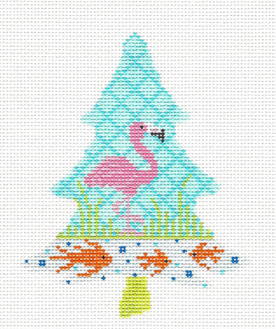 Kelly Clark Tree – Flamingo Tree Ornament KIT: Canvas, SG & Fibers handpainted Needlepoint Canvas