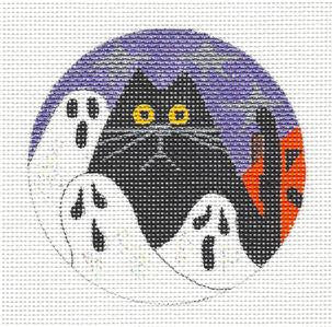 Halloween ~ Ghosts and Black Kitty Cat handpainted Needlepoint Ornament by Mile High Princess