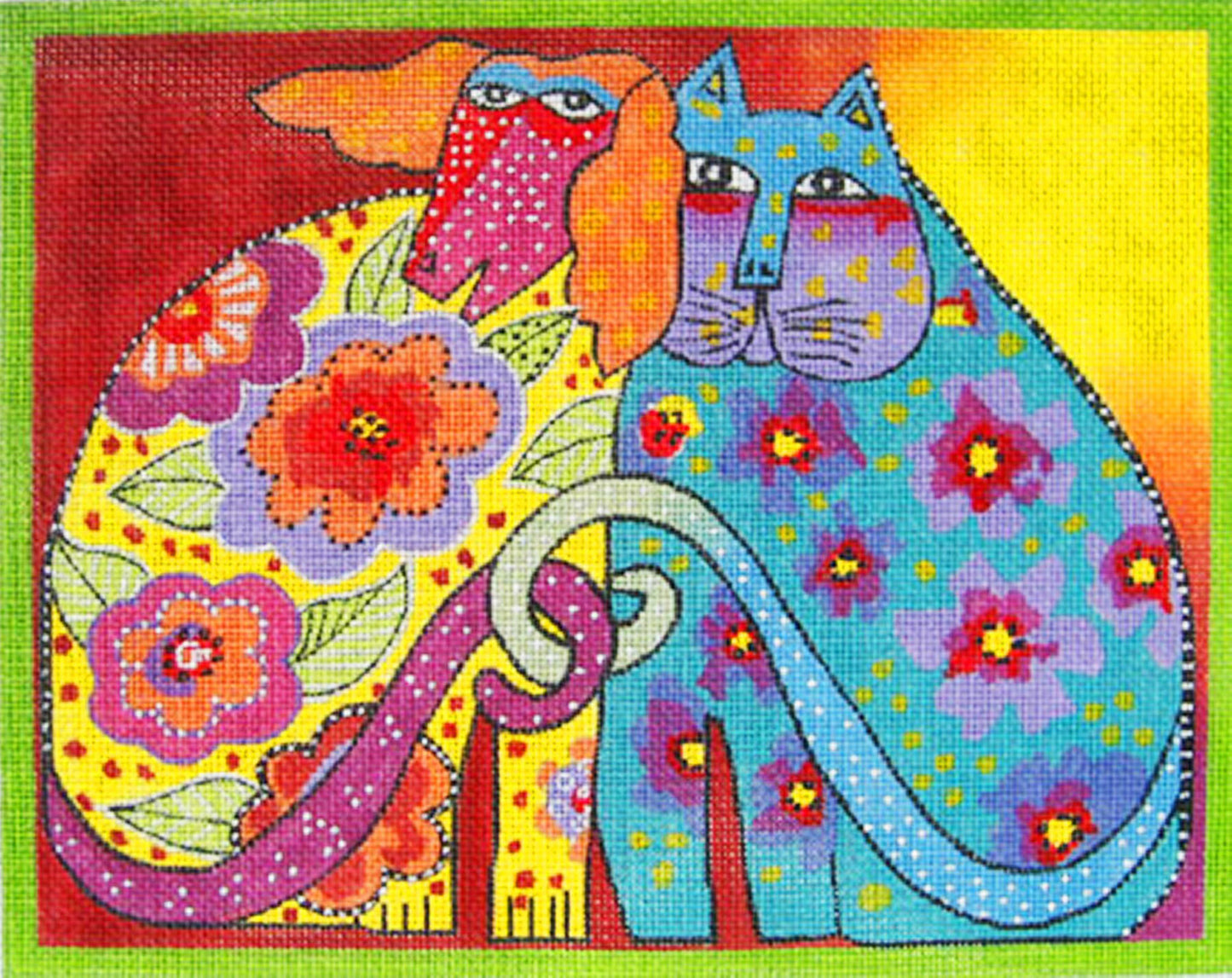 Laurel Burch ~ Kindred Spirits ~ Dog and Cat handpainted Needlepoint Canvas by Danji Designs