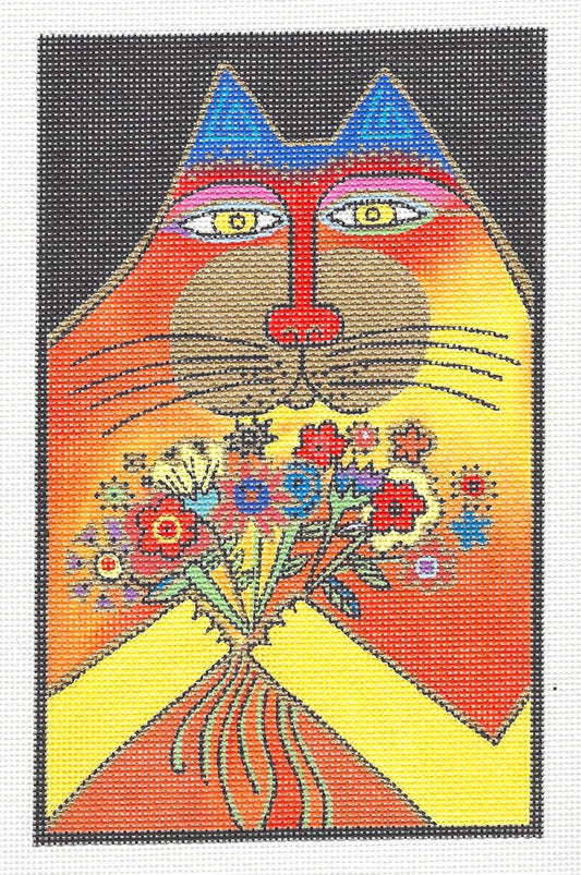 Laurel Burch Cat with Bouquet Handpainted Needlepoint Canvas by Danji Designs