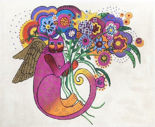 Laurel Burch ~ Floral Cat Angel large Handpainted Needlepoint Canvas by Danji Designs