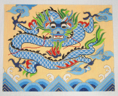Dragon Canvas ~ Oriental Imperial Dragon in Blue Among Clouds handpainted Needlepoint Canvas 18 mesh by LEE
