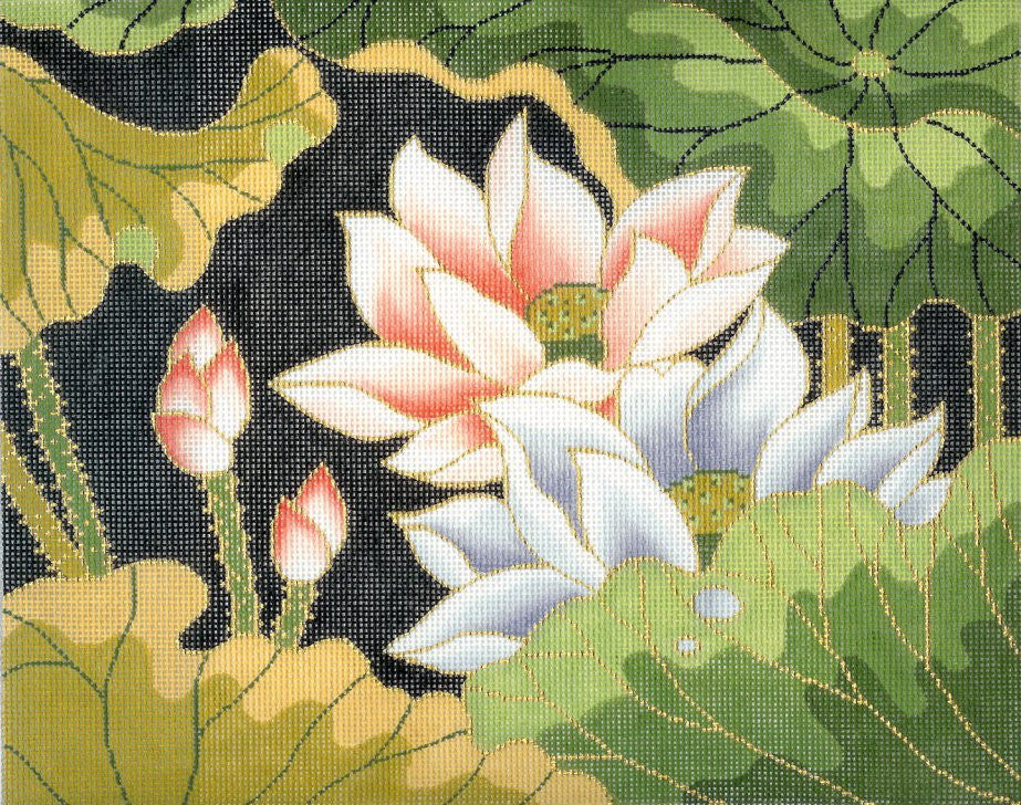 Canvas ~ Floral Oriental Lotus Blossom Garden handpainted "BF" Needlepoint Canvas by LEE