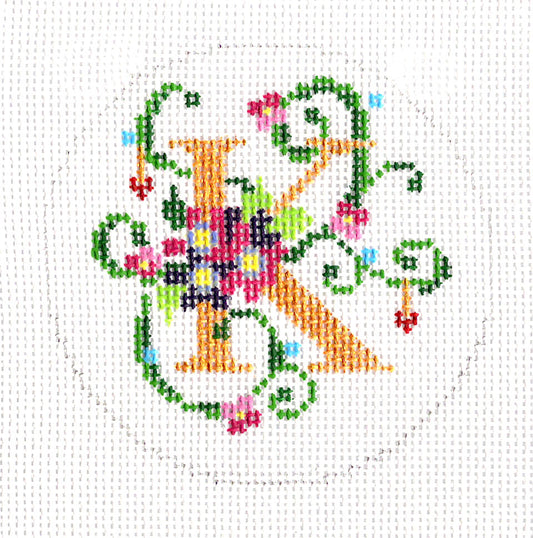 Alphabet ~ Letter "K" Floral Design 3" Rd. handpainted 18 mesh Needlepoint Canvas by Lee