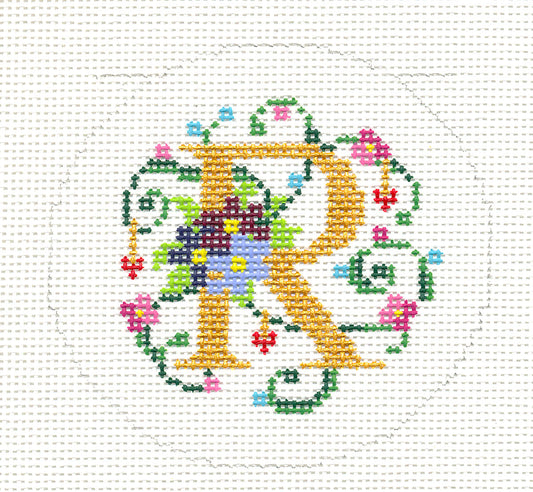 Alphabet ~ Letter "R" Floral Design handpainted 3" Rd. 18mesh Needlepoint Canvas by LEE
